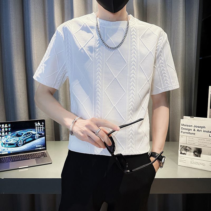 Men’s Rhombus Jacquard T-Shirt – Trendy Summer Round Neck Half-Sleeve Style | Save 20% Today!