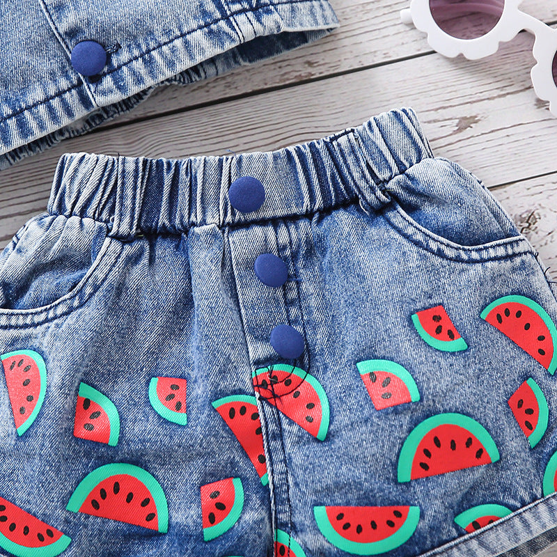 Girls’ Denim Camisole & Watermelon Print Shorts Set – Cute, comfy summer outfit. Save 30% today!