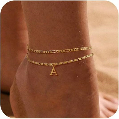Gold Twin Chain Initial Anklet – Personalized Letter Charm A–Z | Save 10% Today