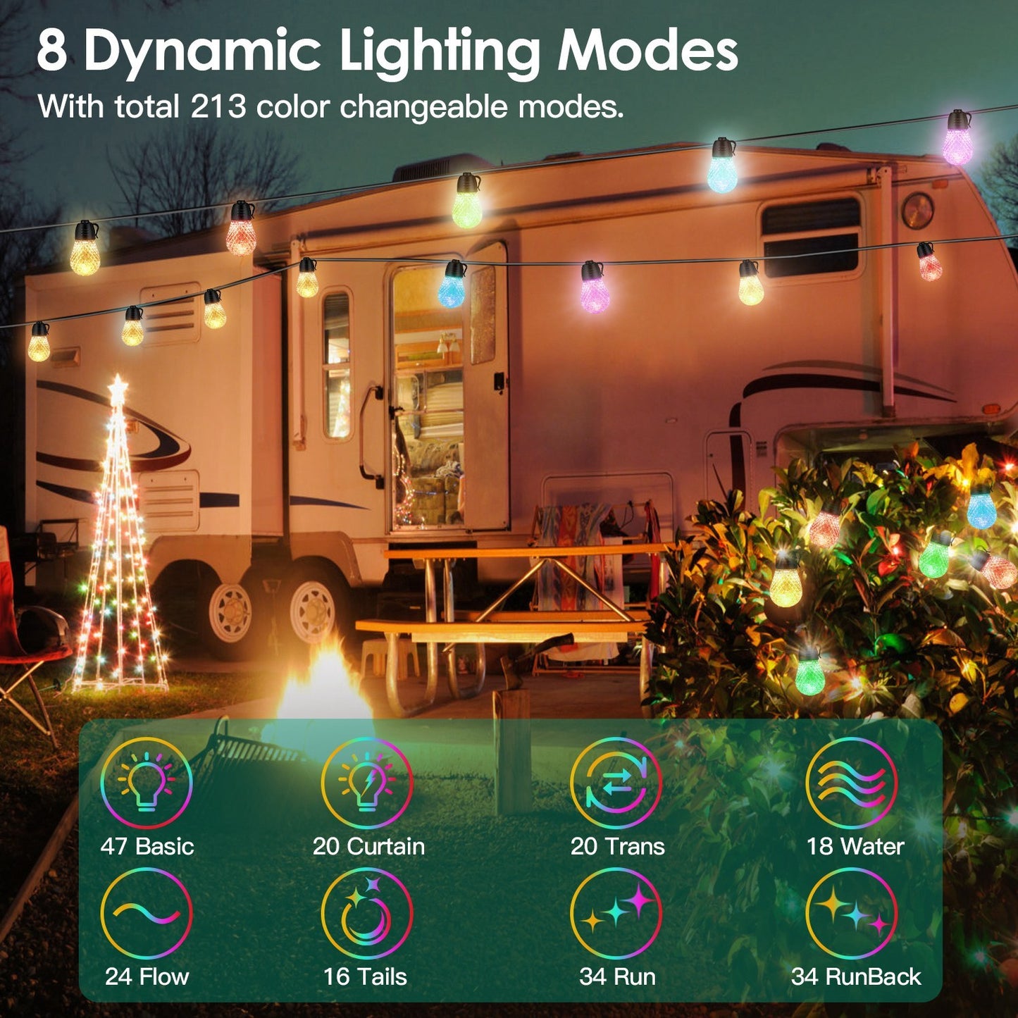 Outdoor RGB LED Hanging Lights – 52.5FT, App & Remote Control, 15 Bulbs