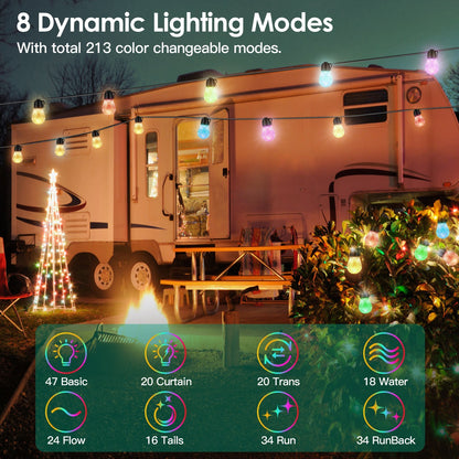Outdoor RGB LED Hanging Lights – 52.5FT, App & Remote Control, 15 Bulbs