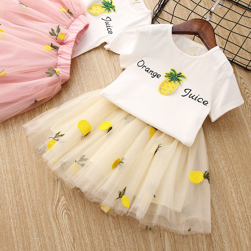 Girls Pineapple Embroidery Tee & Skirt Set – Cute summer outfit with matching top and skirt. Save 30% today!