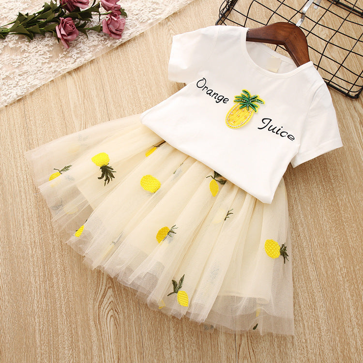 Girls Pineapple Embroidery Tee & Skirt Set – Cute summer outfit with matching top and skirt. Save 30% today!