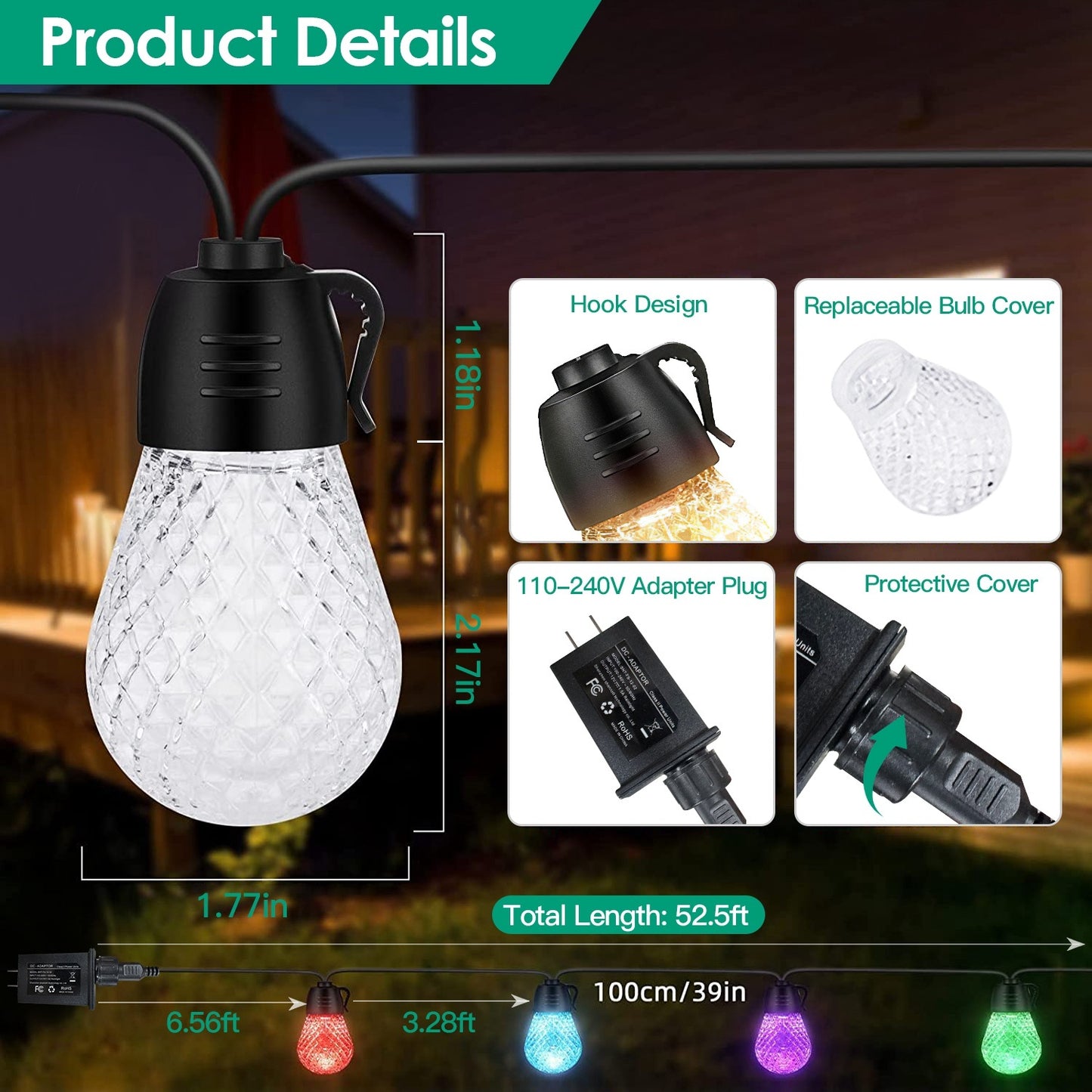 Outdoor RGB LED Hanging Lights – 52.5FT, App & Remote Control, 15 Bulbs