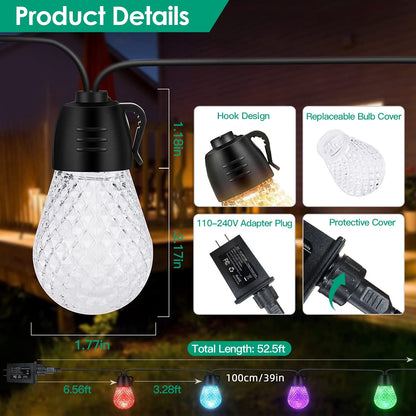 Outdoor RGB LED Hanging Lights – 52.5FT, App & Remote Control, 15 Bulbs