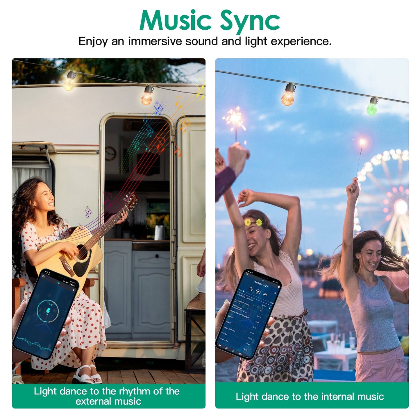 Outdoor RGB LED Hanging Lights – 52.5FT, App & Remote Control, 15 Bulbs