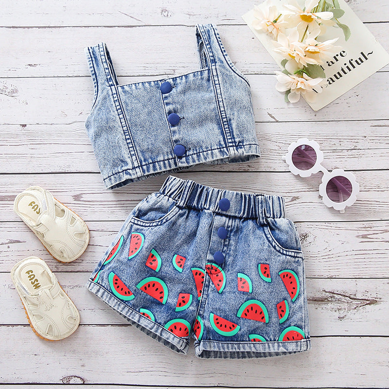 Girls’ Denim Camisole & Watermelon Print Shorts Set – Cute, comfy summer outfit. Save 30% today!