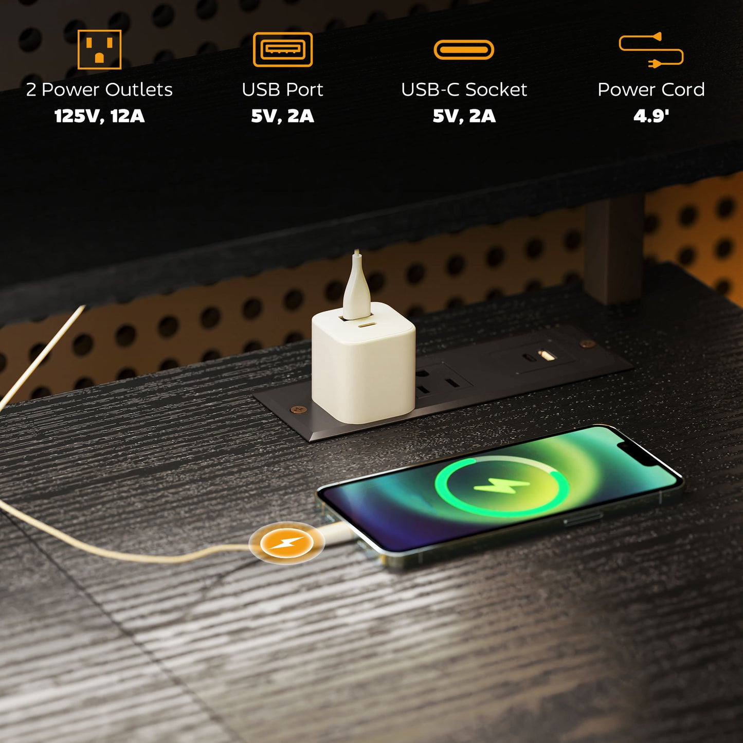 55” Reversible Computer Desk with Storage, Power Outlets & LED Lighting – Black