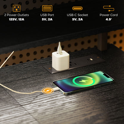 55” Reversible Computer Desk with Storage, Power Outlets & LED Lighting – Black