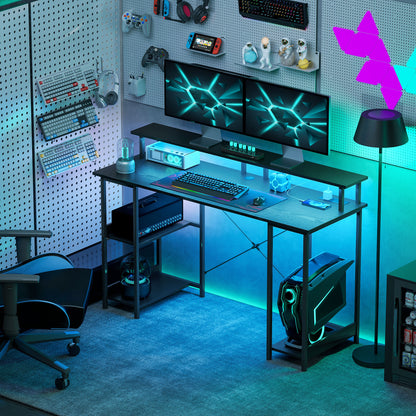 55” Reversible Computer Desk with Storage, Power Outlets & LED Lighting – Black