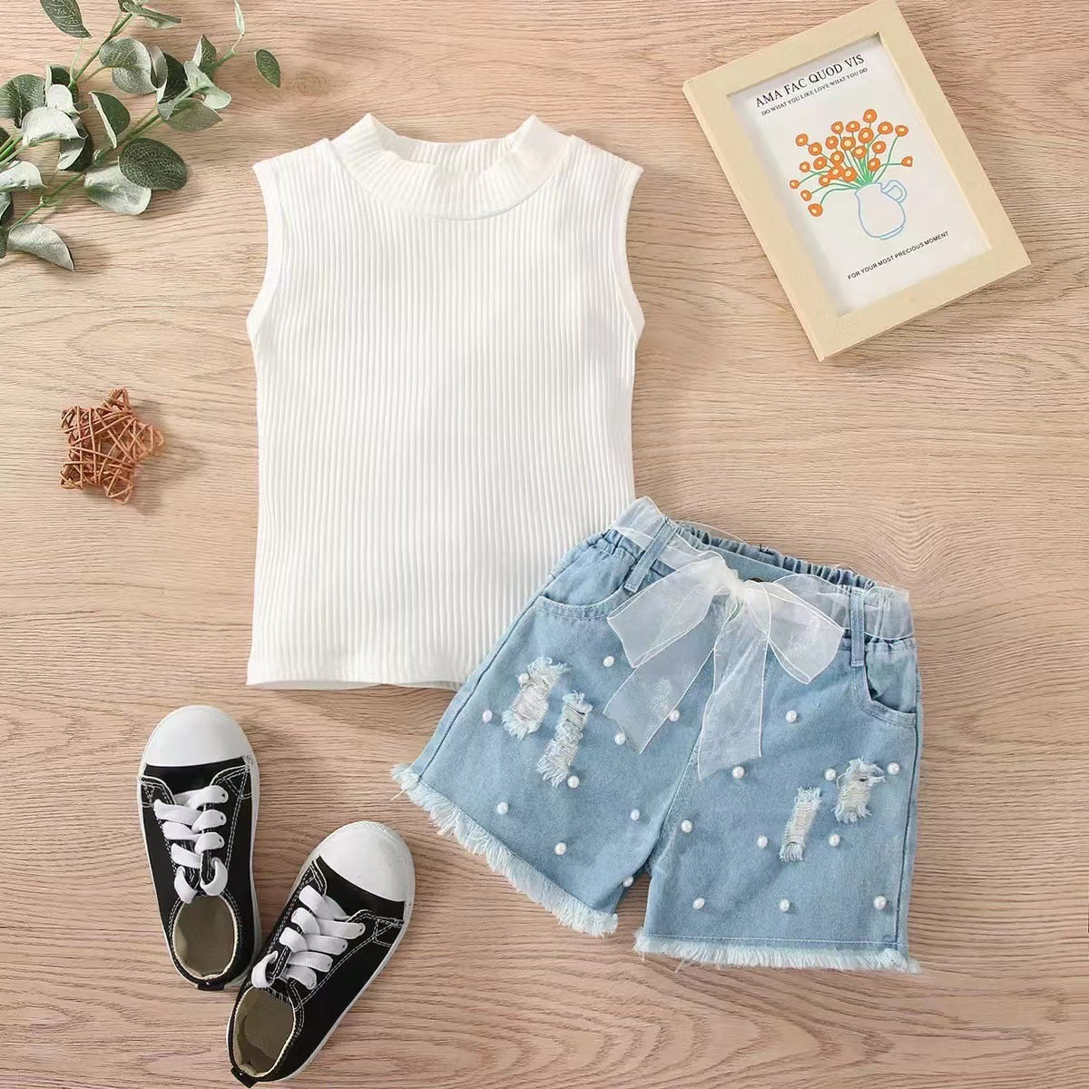 Kids Sleeveless Striped Top & Denim Shorts Set – Cute, comfy two-piece outfit perfect for summer. Save 30% today