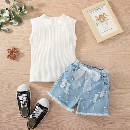 Kids Sleeveless Striped Top & Denim Shorts Set – Cute, comfy two-piece outfit perfect for summer. Save 30% today