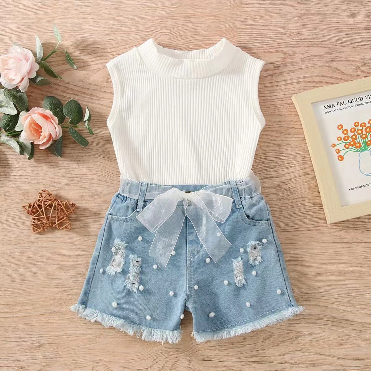 Kids Sleeveless Striped Top & Denim Shorts Set – Cute, comfy two-piece outfit perfect for summer. Save 30% today