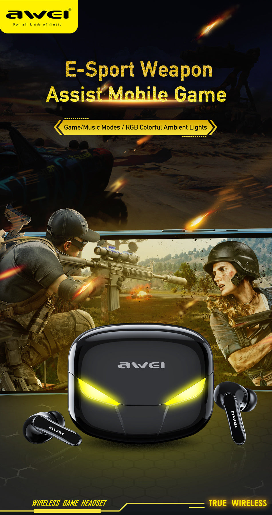 AWEI True Wireless Bluetooth Earbuds – Includes Charging Case