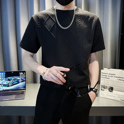 Men’s Rhombus Jacquard T-Shirt – Trendy Summer Round Neck Half-Sleeve Style | Save 20% Today!