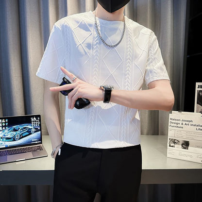 Men’s Rhombus Jacquard T-Shirt – Trendy Summer Round Neck Half-Sleeve Style | Save 20% Today!