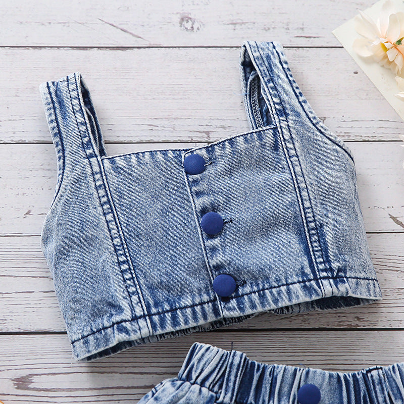 Girls’ Denim Camisole & Watermelon Print Shorts Set – Cute, comfy summer outfit. Save 30% today!
