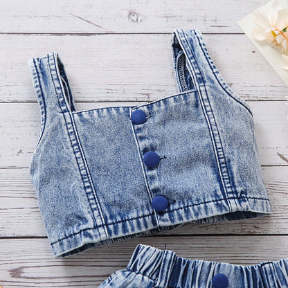 Girls’ Denim Camisole & Watermelon Print Shorts Set – Cute, comfy summer outfit. Save 30% today!