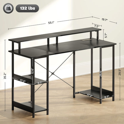 55” Reversible Computer Desk with Storage, Power Outlets & LED Lighting – Black