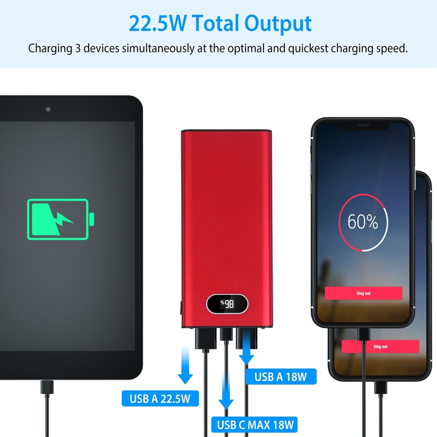 “20000mAh Power Bank with LED Display & Flashlight – 22.5W Fast Charge, Multi-Color”