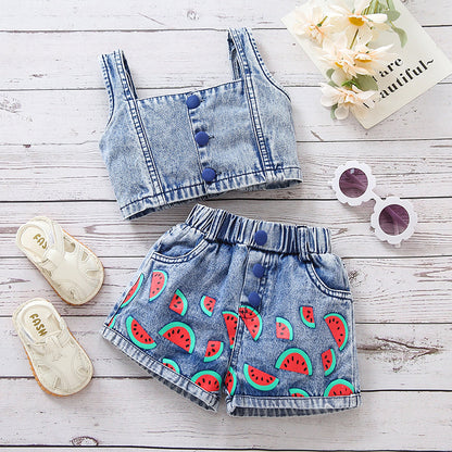 Girls’ Denim Camisole & Watermelon Print Shorts Set – Cute, comfy summer outfit. Save 30% today!