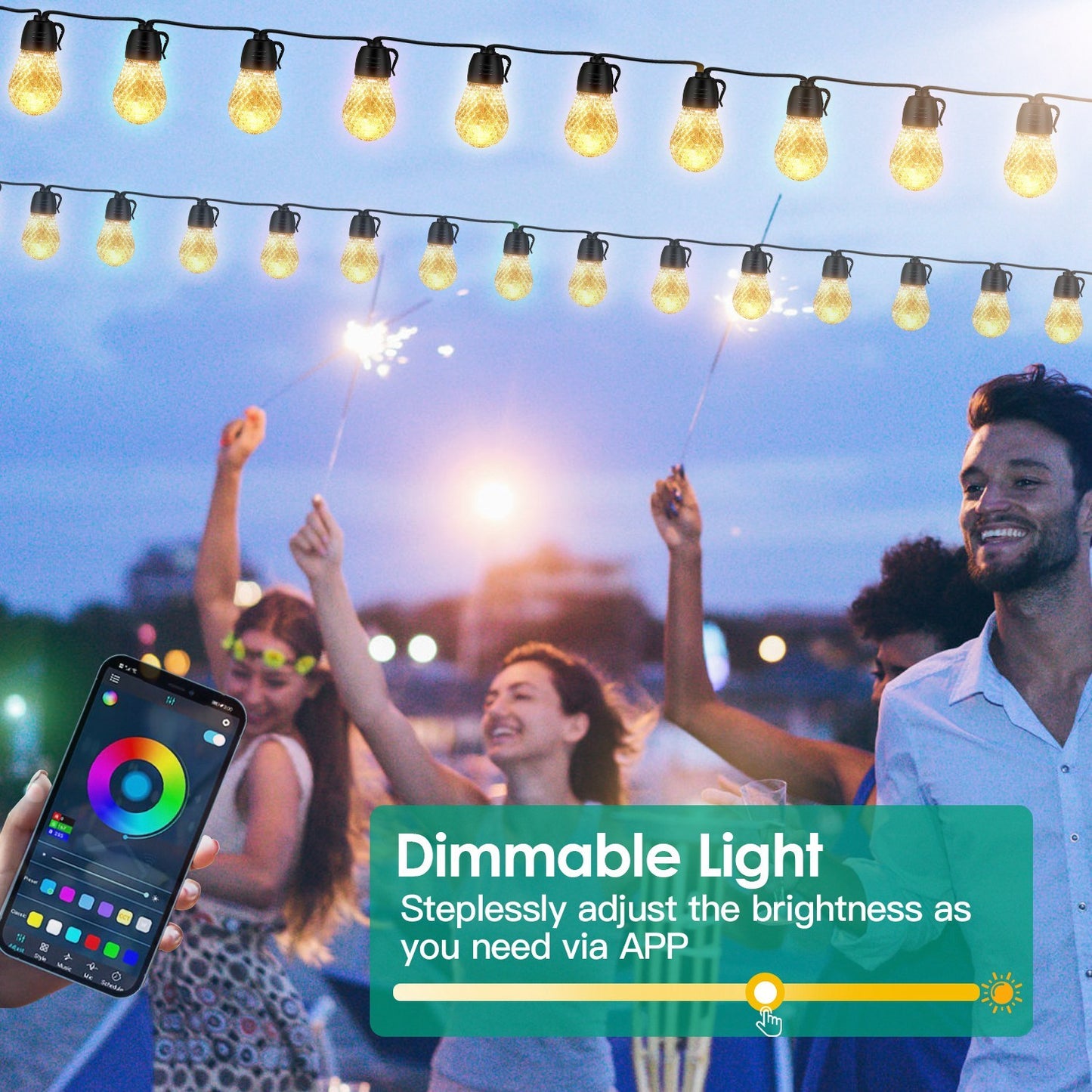 Outdoor RGB LED Hanging Lights – 52.5FT, App & Remote Control, 15 Bulbs