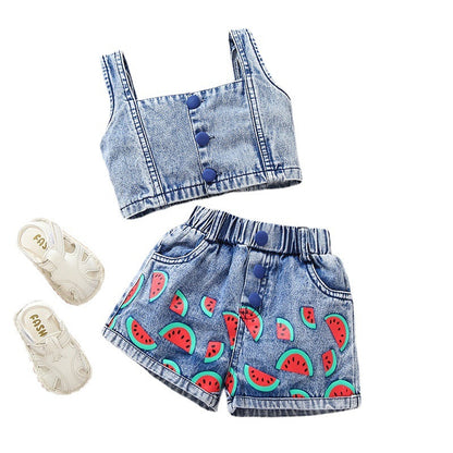 Girls’ Denim Camisole & Watermelon Print Shorts Set – Cute, comfy summer outfit. Save 30% today!