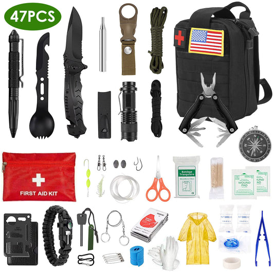 47-Piece Emergency & First Aid Survival Kit with Pouch for Camping, Hiking, and Outdoor Adventures - ONLY AVAILABLE FOR GIVEAWAYS ONLY