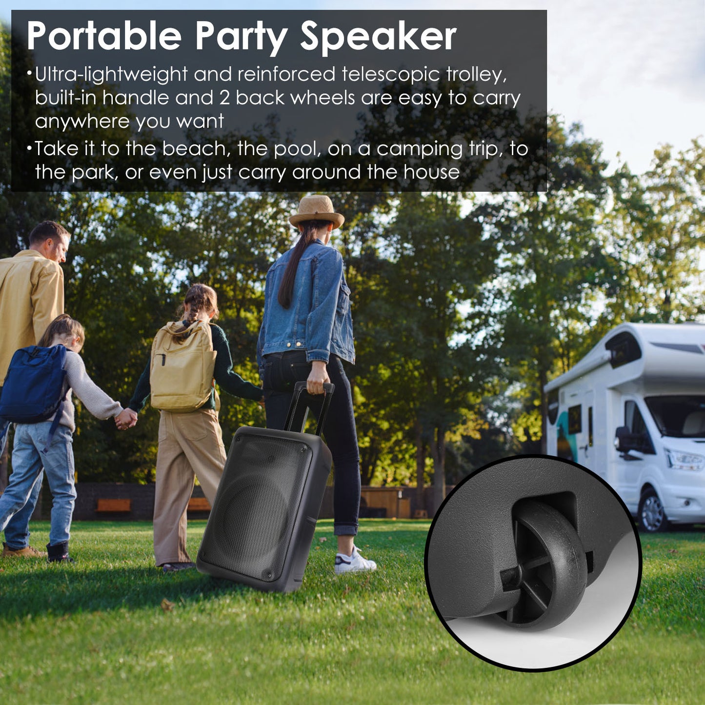 Portable Wireless Party Speaker with 5 Light Modes, TWS, FM, USB, AUX, Mic Priority, Trolley Handle & Remote - SAVE $74