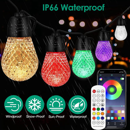 Outdoor RGB LED Hanging Lights – 52.5FT, App & Remote Control, 15 Bulbs