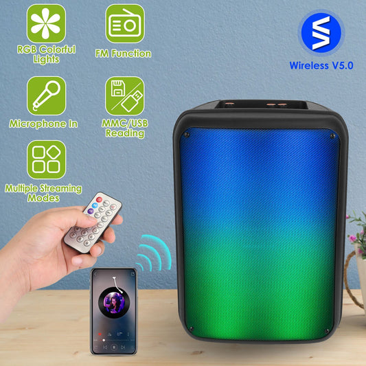 Portable 8" Wireless Party Speaker with Colorful Lights, TWS, FM Radio, USB/SD, AUX, Recording & Mic Support - SAVE $38