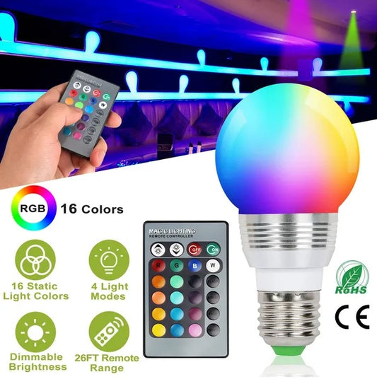 16-Color RGB LED E27 Bulb – 3W Dimmable Mood Light