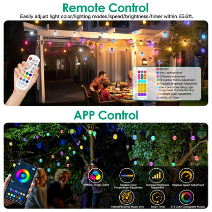 Outdoor RGB LED Hanging Lights – 52.5FT, App & Remote Control, 15 Bulbs