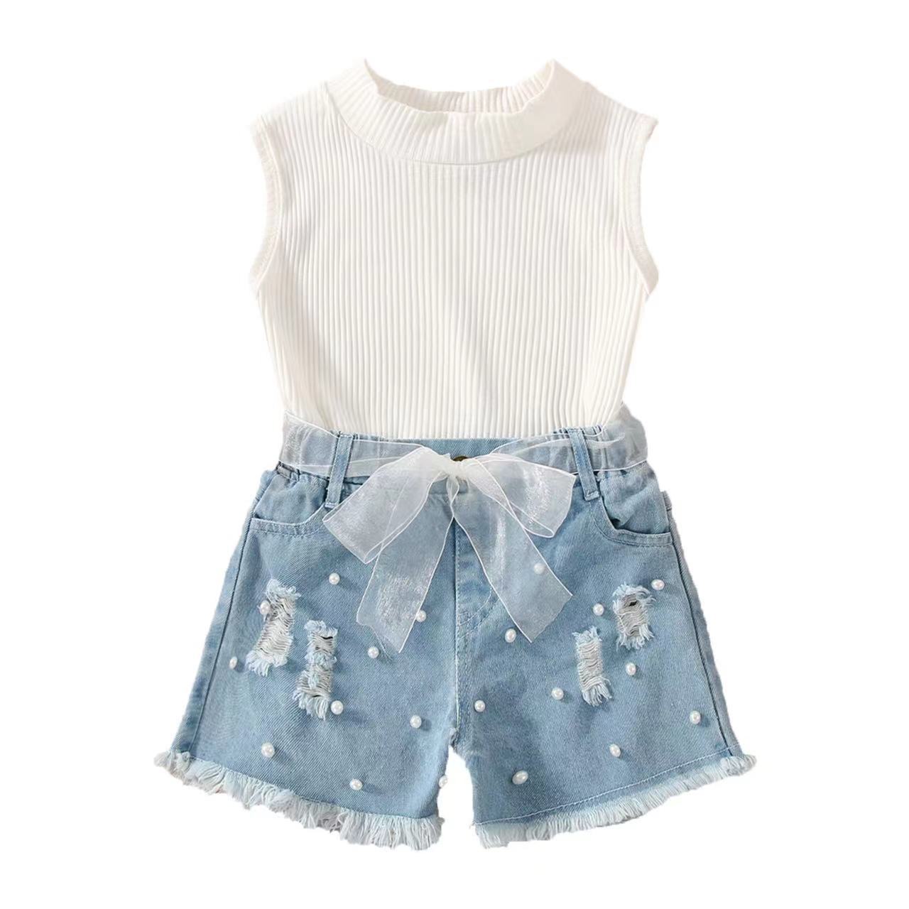 Kids Sleeveless Striped Top & Denim Shorts Set – Cute, comfy two-piece outfit perfect for summer. Save 30% today