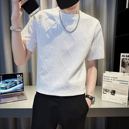 Men’s Rhombus Jacquard T-Shirt – Trendy Summer Round Neck Half-Sleeve Style | Save 20% Today!
