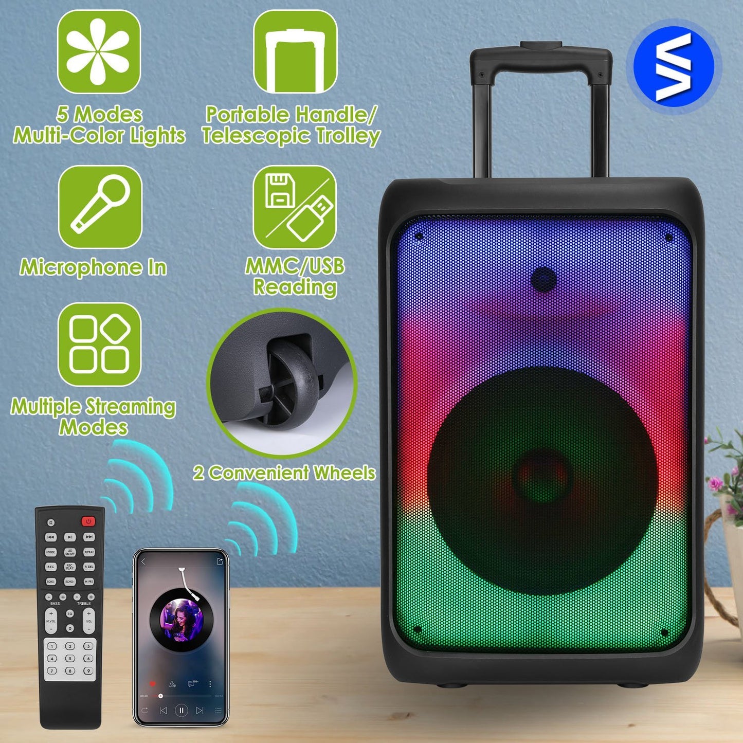 Portable Wireless Party Speaker with 5 Light Modes, TWS, FM, USB, AUX, Mic Priority, Trolley Handle & Remote - SAVE $74