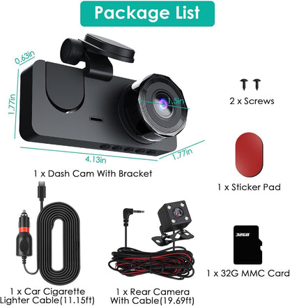 1080P 3-Channel Car Dash Cam – Front, Rear & Interior, 32GB, Night Vision, Parking Mode - SAVE $56