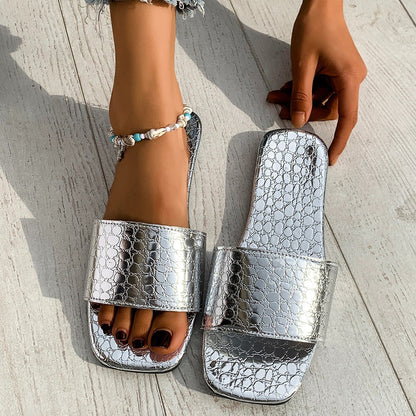 Elegant Crocodile-Textured Slides – Chic Summer Flat Sandals for Women | Save 10% Today”