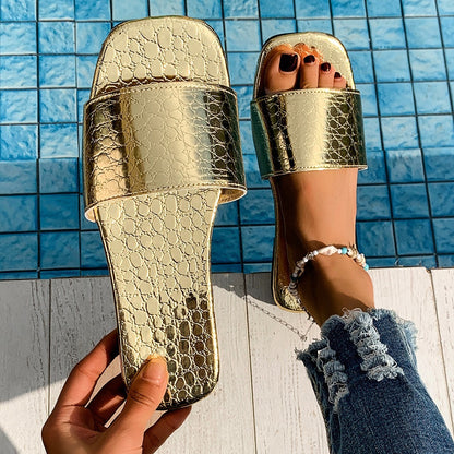 Elegant Crocodile-Textured Slides – Chic Summer Flat Sandals for Women | Save 10% Today”
