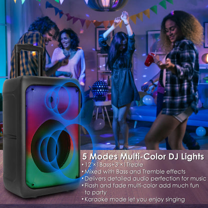 Portable Wireless Party Speaker with 5 Light Modes, TWS, FM, USB, AUX, Mic Priority, Trolley Handle & Remote - SAVE $74