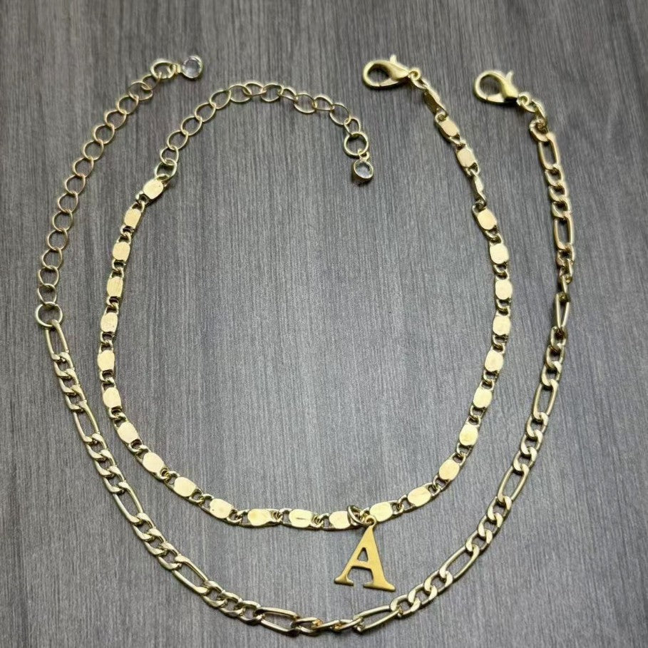 Gold Twin Chain Initial Anklet – Personalized Letter Charm A–Z | Save 10% Today