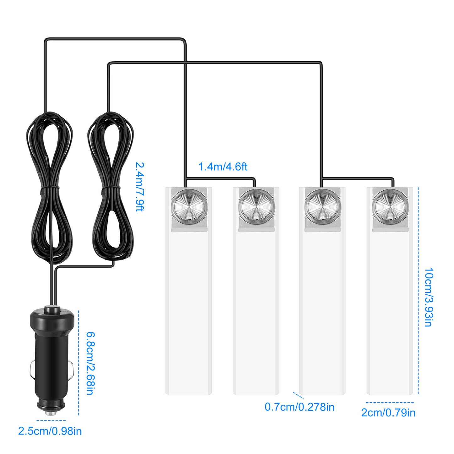 4PCS Car Interior LED Ambient Lights – Blue DC 12V
