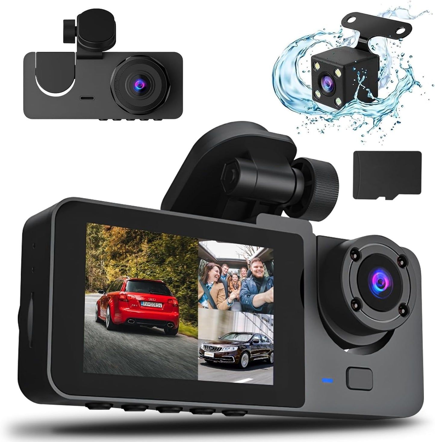 1080P 3-Channel Car Dash Cam – Front, Rear & Interior, 32GB, Night Vision, Parking Mode - SAVE $56