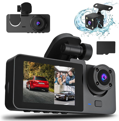 1080P 3-Channel Car Dash Cam – Front, Rear & Interior, 32GB, Night Vision, Parking Mode - SAVE $56