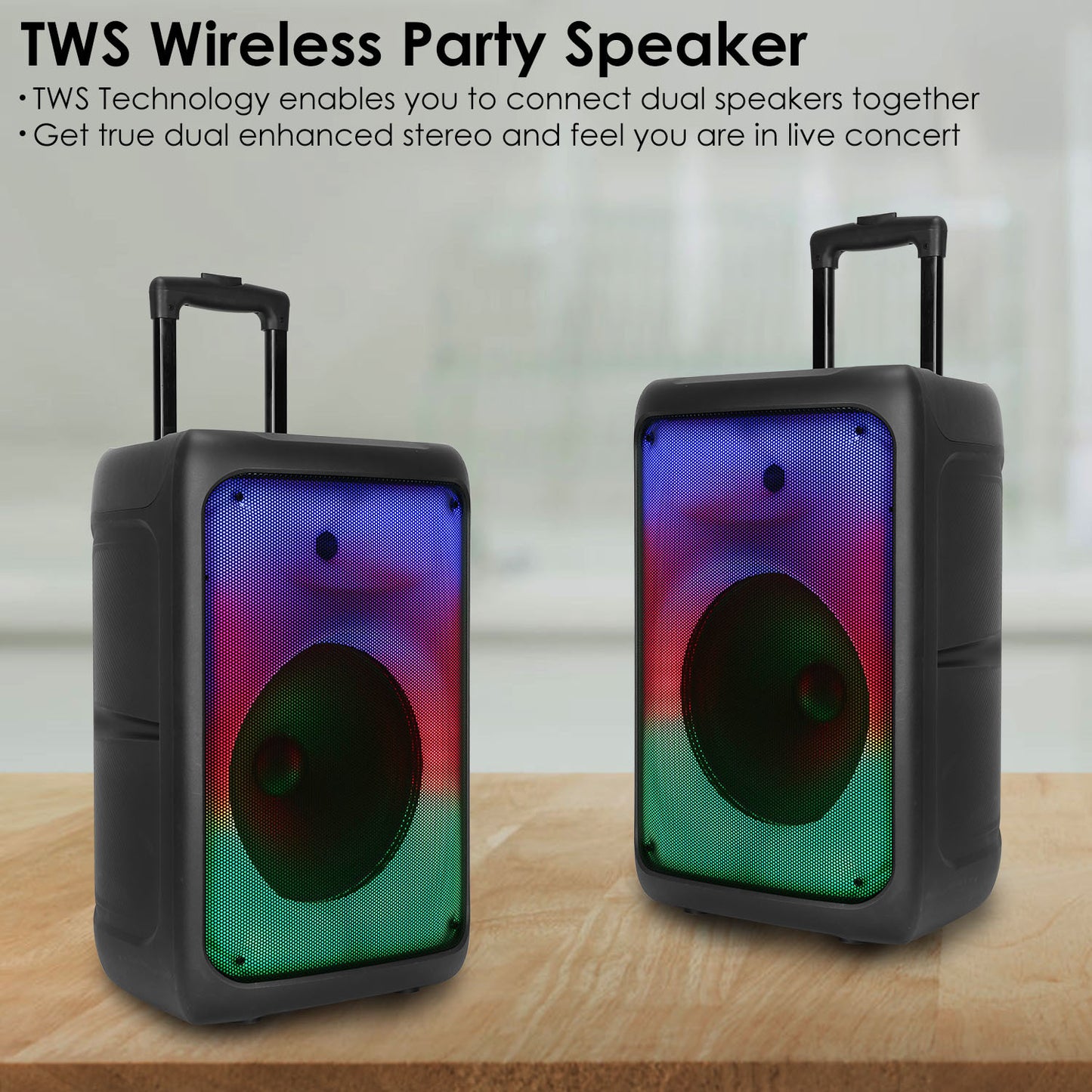 Portable Wireless Party Speaker with 5 Light Modes, TWS, FM, USB, AUX, Mic Priority, Trolley Handle & Remote - SAVE $74